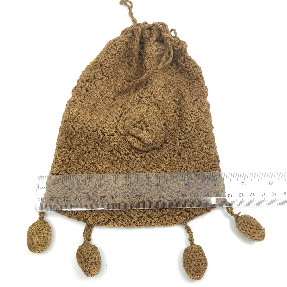Victorian Brown Crochet Drawstring Reticule Bag - Picture 5 of 12